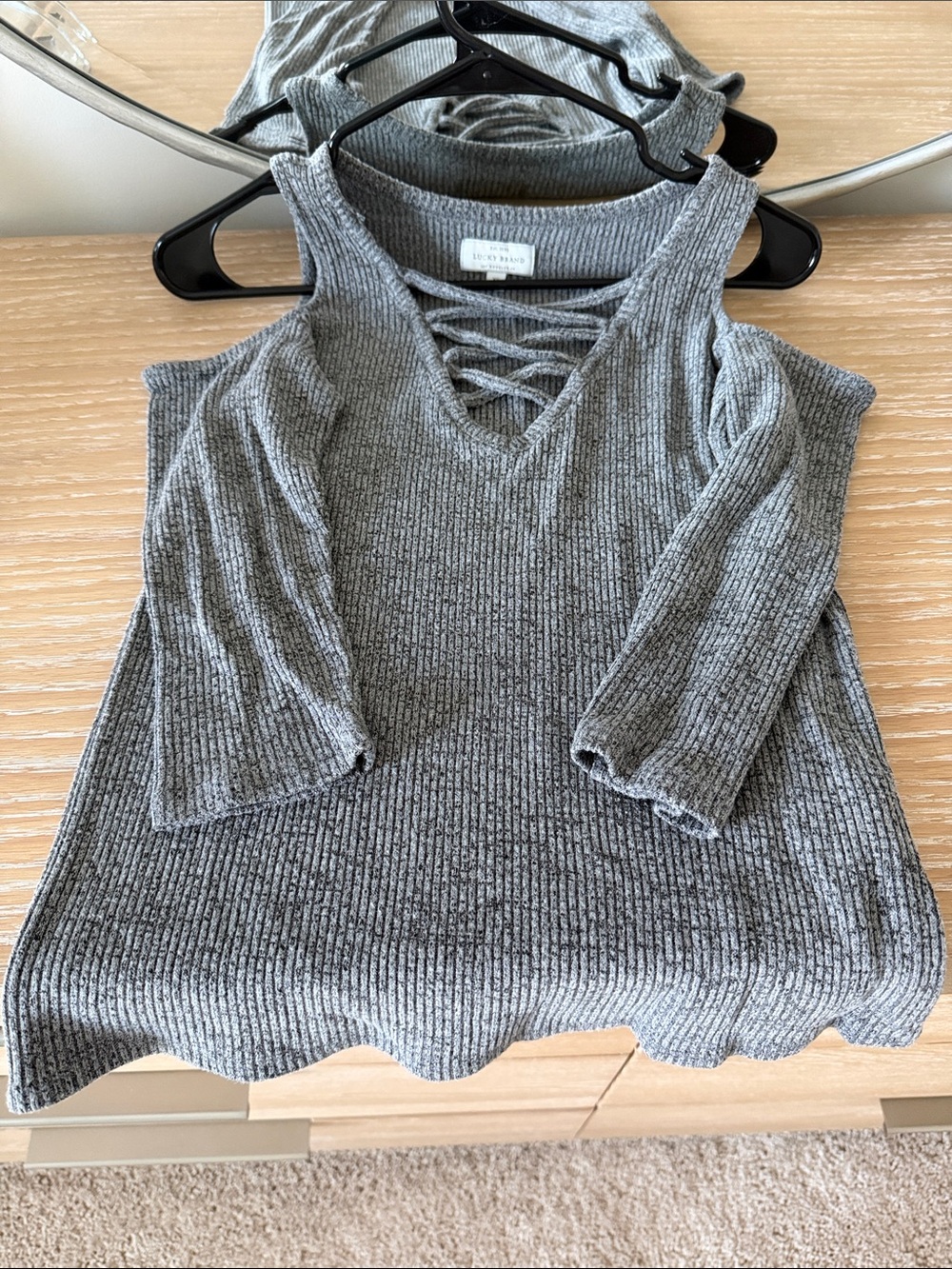 Lucky Brand Gray Off-Shoulder Lace-Up Knit Sweater